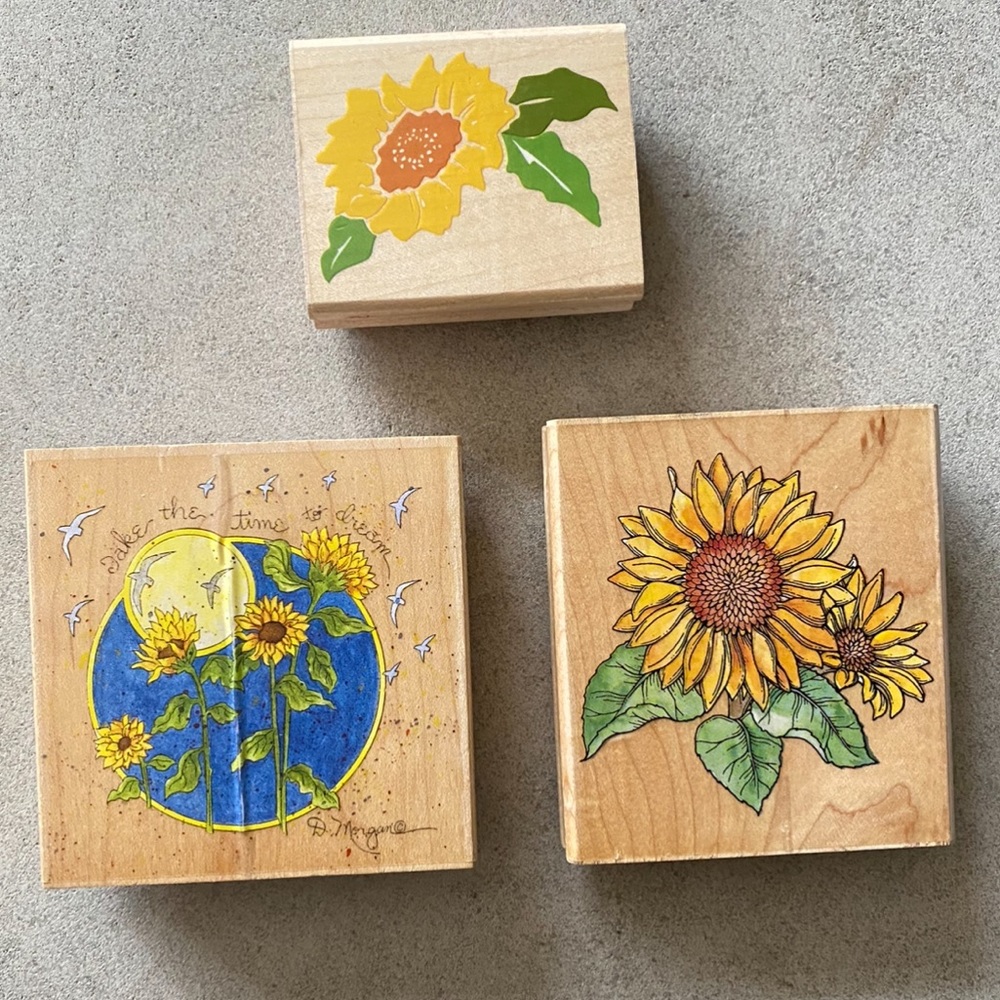 Wood Block Rubber Stamp Set of 3 Sunflower Stamps